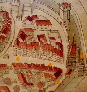 Bild 2 - Spalentor (1) Vorderer und Hinterer Meyenberg (2,3) Spalenvorstadt (4). Ausschnitt aus dem Faksimile des Stadtplans Basel von Matthäus Merian 1615, Privatbesitz.